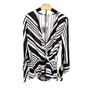Milan Kiss Womens XL Black White Striped Wrap Top Career Chic Professional Retro